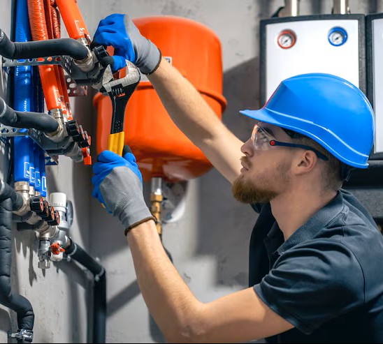 man installs heating system house checks pipes with wrench 169016 55834